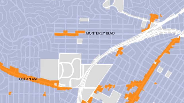Portion of map from Urban Design Guidelines showing areas affected by new program. From SF Planning.