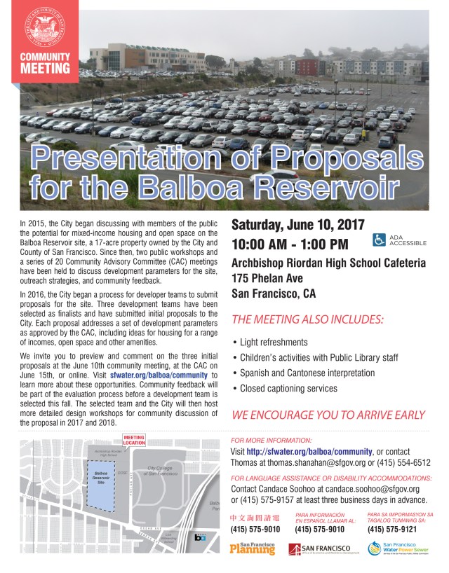 Balboa Reservoir Project poster, June 10, 2017 community meeting