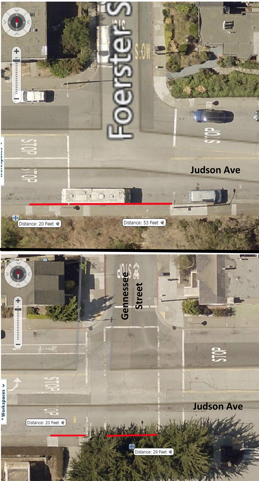 Diagram of red-curb areas at Judson/Foerster nd Judson/Gennessee. Courtesy SFMTA engineer Elizabeth Chen.