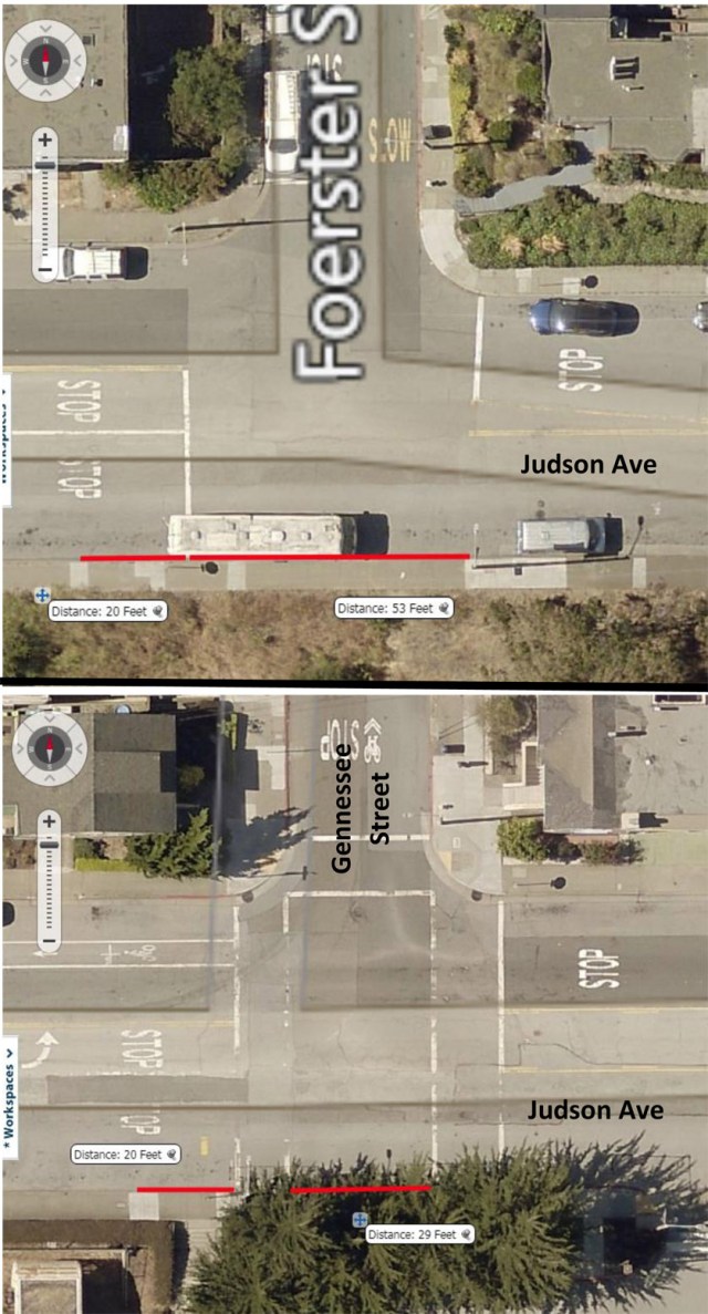 Diagram of red-curb areas at Judson/Foerster nd Judson/Gennessee. Courtesy SFMTA engineer Elizabeth Chen.