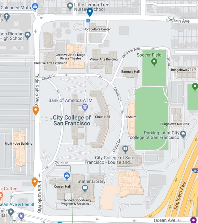 Map showing two proposed City College Bay Wheels bike share stations o Frida Kahlo Way. Meeting December 6th 2019. Courtesy Bay Wheels.