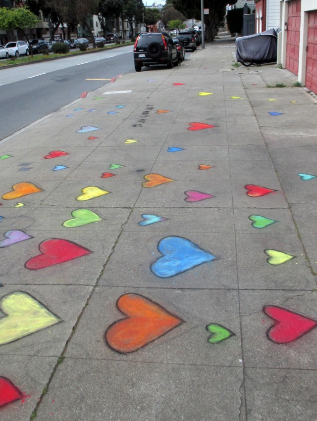 Chalked sidewalk arts by Amar Pai, Monterey and Detroit, April 2020.