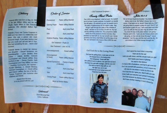 Memorial program for Yolanda Milton, who passed away in the June 7th fire Monterey Blvd at Detroit. Photo: Sunnyside Neighborhood Association